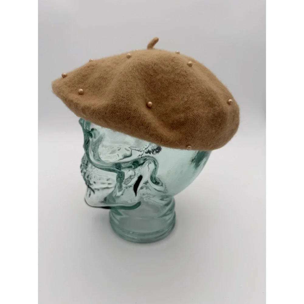 Marcus Adler Women's Wool Pearl Beaded French Beret Hat One Size Tan Brown